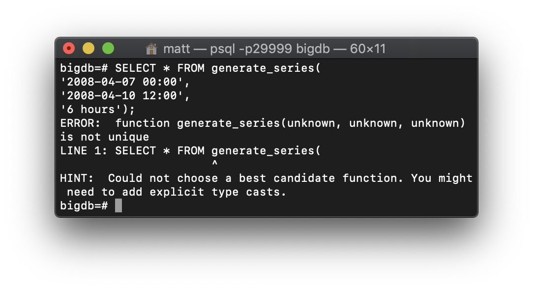 This image shows the failure of the query due to an ambiguous type