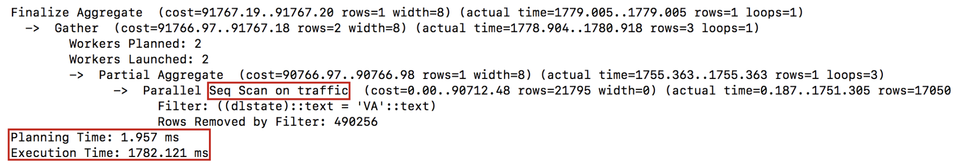 Image showing the query being run with no index