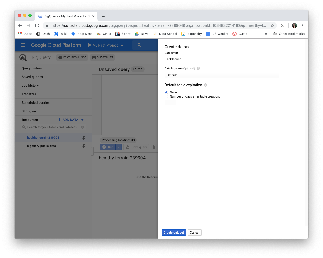 Image showing the creation of a dataset in big query