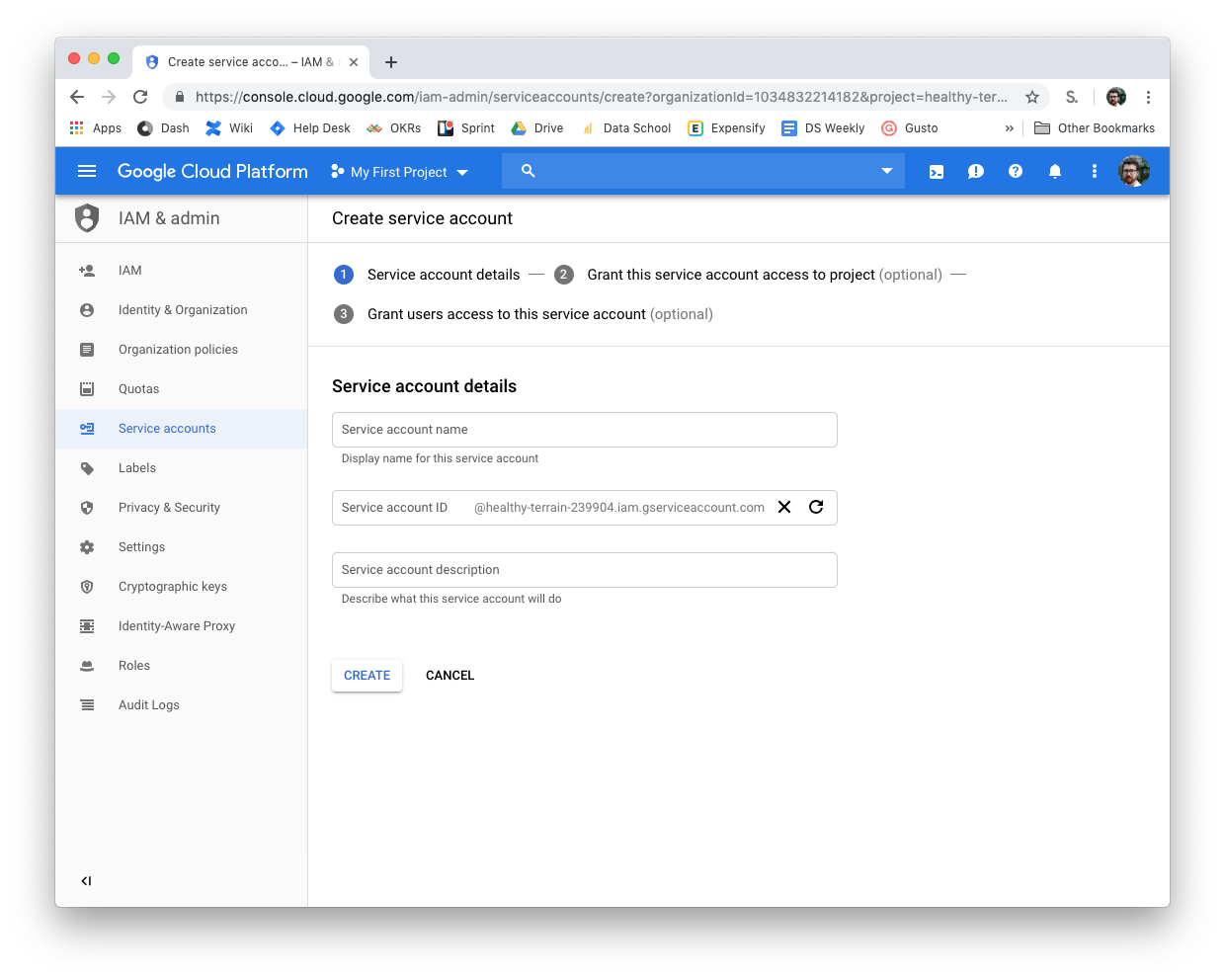 Image showing the contents of IAM & admin > Service Accounts